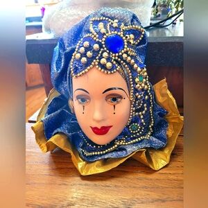 Ornate jeweled Blue Golds hanging Mardi Gras ceramic Wall Mask